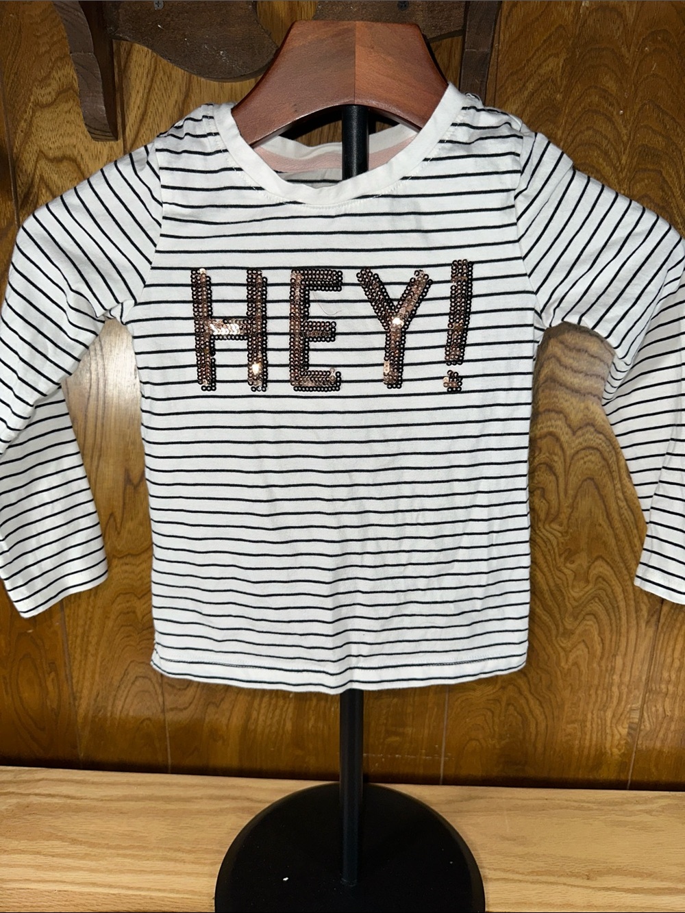 🎉OshKosh B'gosh White & Black Striped Long-Sleeve Tee with Sequin HEY! D434
